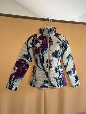 Columbia White Quilted Puff Jacket with Purple & Teal Floral Print